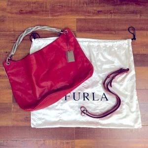 Furla, Red Leather Purse with Silver Chain Braid Strap